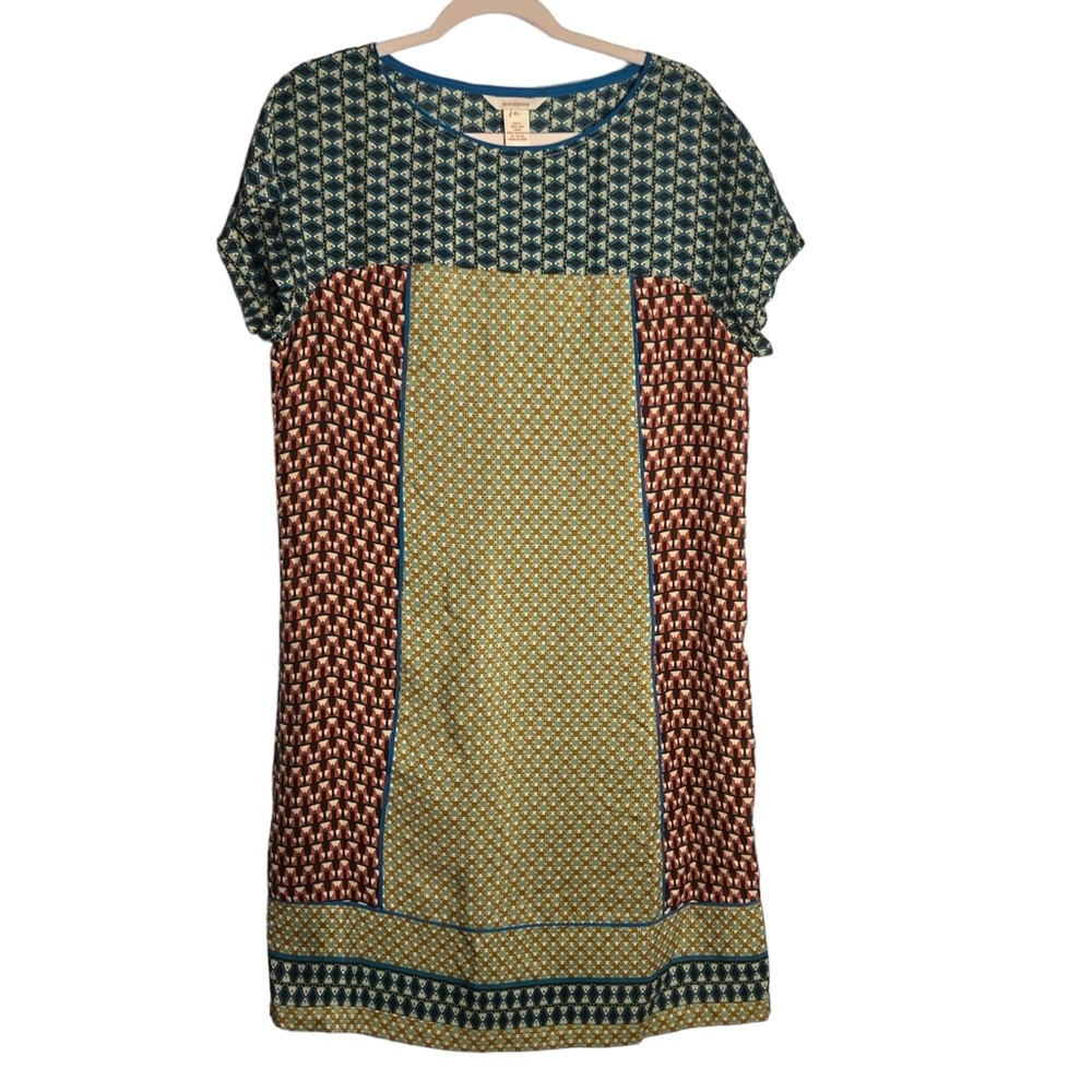 Sundance Patchwork Silk Shift Dress Geometric Pri… - image 1